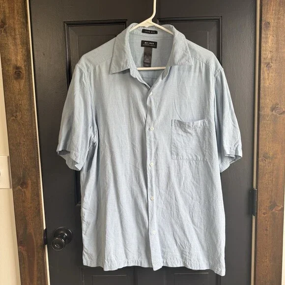 Axcess 100% Silk Shirt Mens Large Blue Stripe Short Sleeve Button Up - Picture 1 of 10